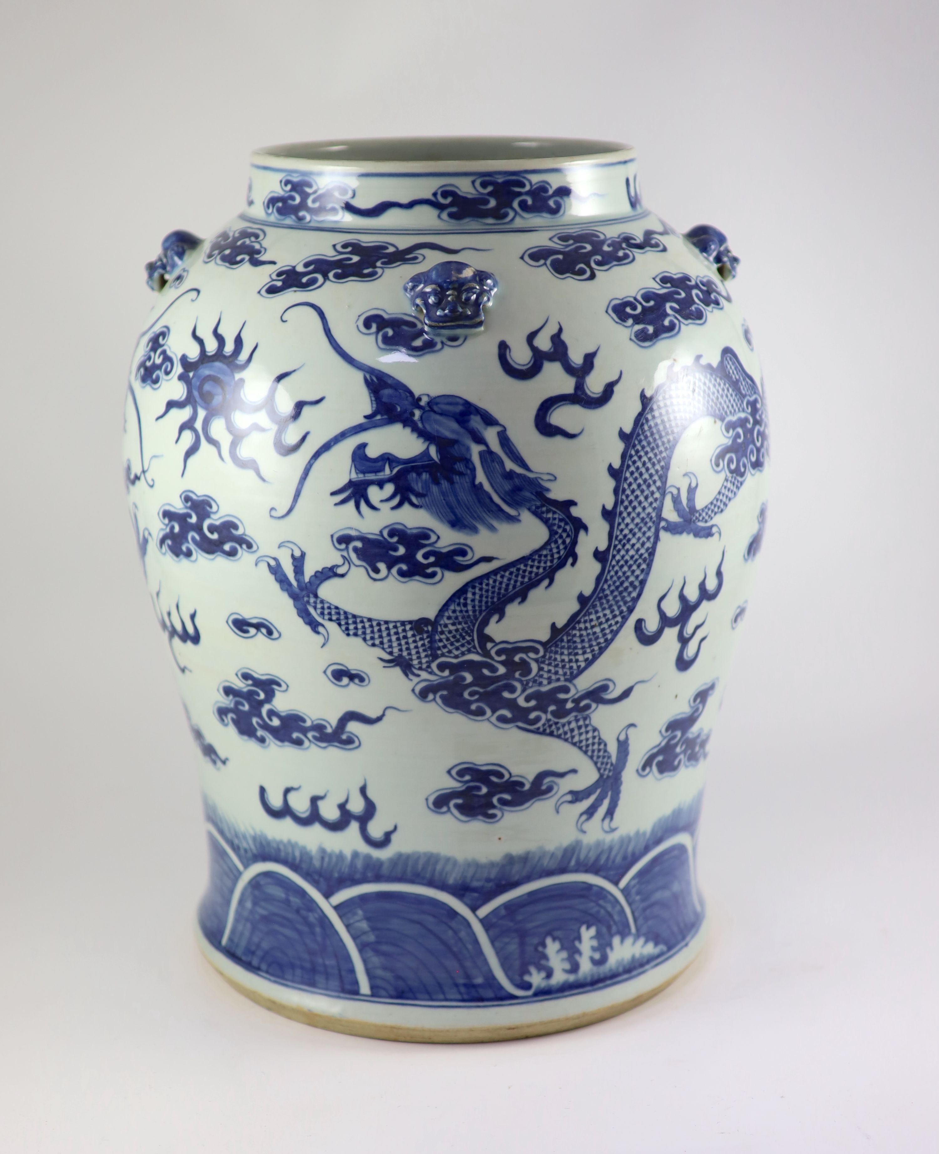 A large Chinese blue and white baluster 'dragon' jar, Daoguang period (1821-50), 48cm high